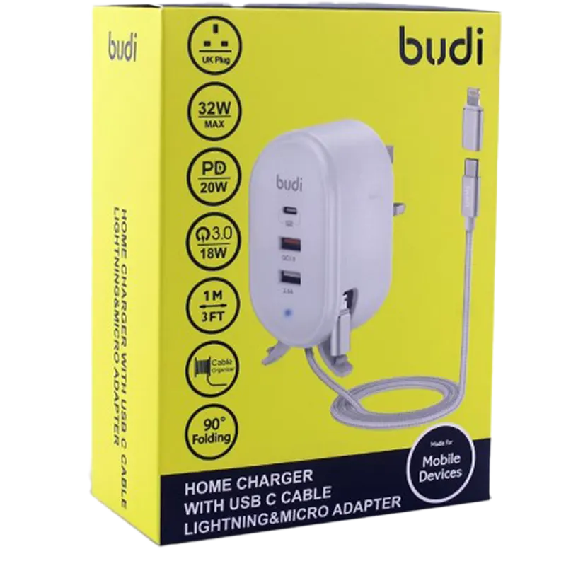 Budi AC312TV 32W PD+20W QC Adapter with 1.2m braided Cable Mascom International.webp